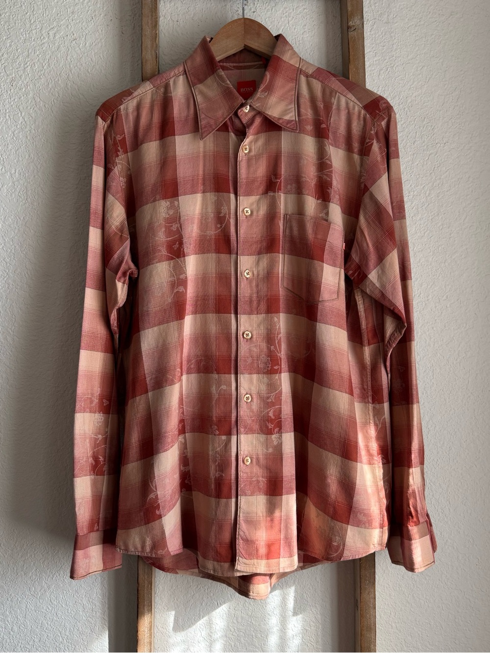 Hugo Boss Men's Long Sleeve Plaid Cotton Jacquard Button Down Sz: Med